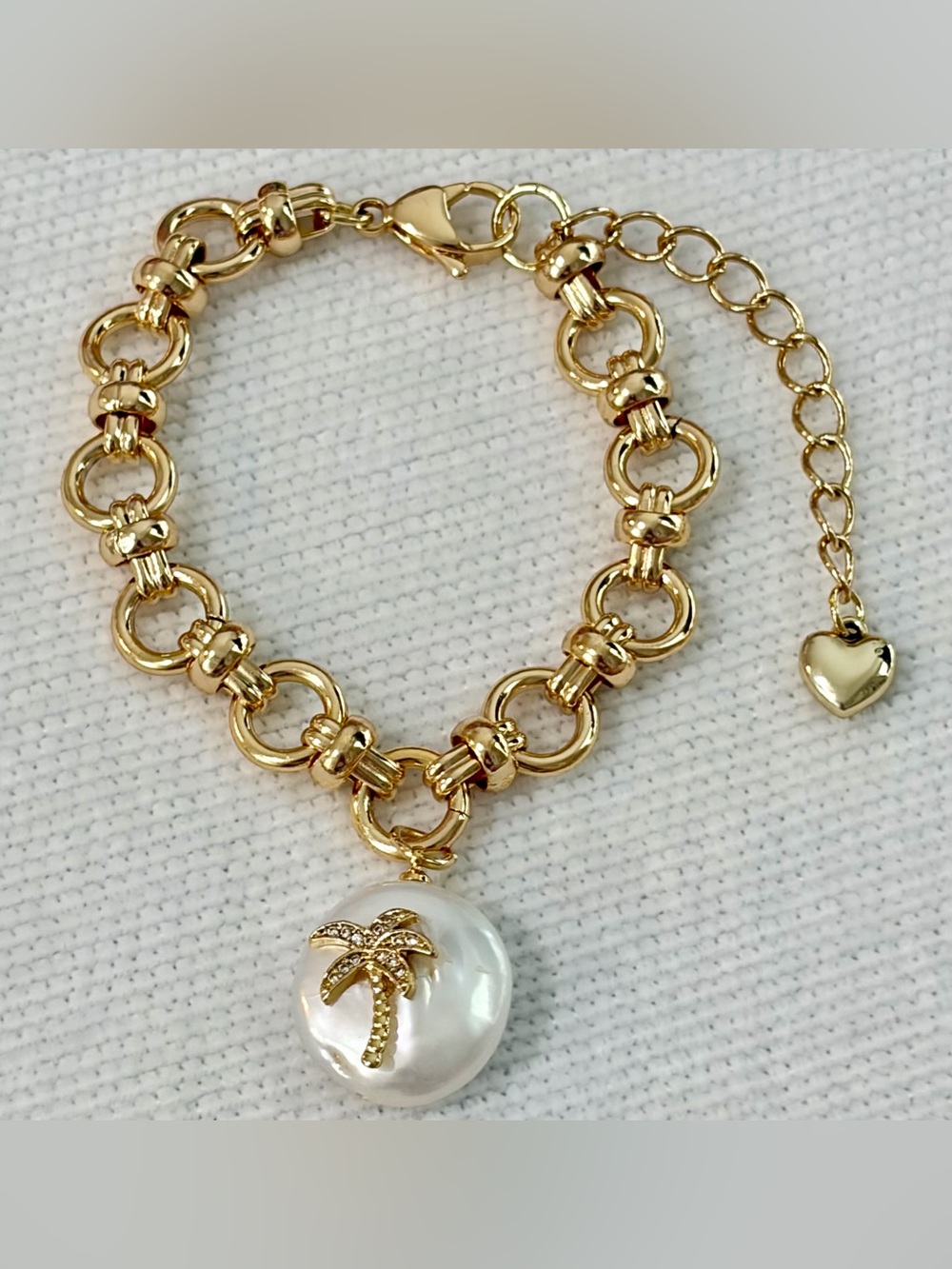 NEW Handmade Gold Plated Chain Bracelet White Pearl Palm Tree Charm 6.5”+2”ext
